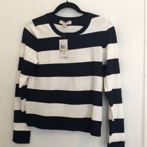 Navy and white long sleeved striped shirt